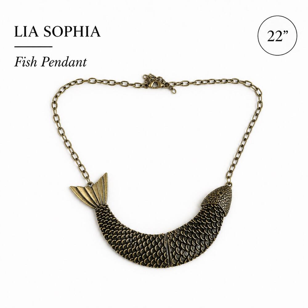 Lia Sophia Fish Pendant Necklace Gold Tone Statement 22" Chain